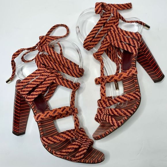 Jimmy Choo Trix 100mm Woven Multi-Wrap Sandal High Heel Pumps Coral EU 37 US 7 - Picture 8 of 11